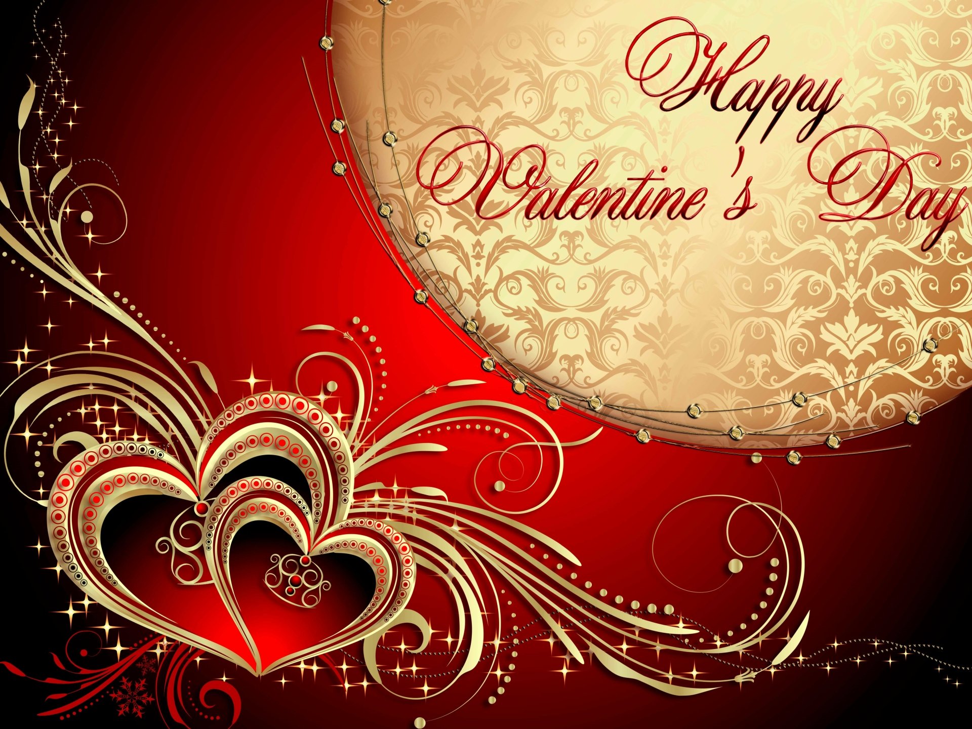 4K Ultra HD Valentine's Day wallpaper featuring ornate red hearts and elegant gold swirls on a vibrant red background with Happy Valentine's Day script.