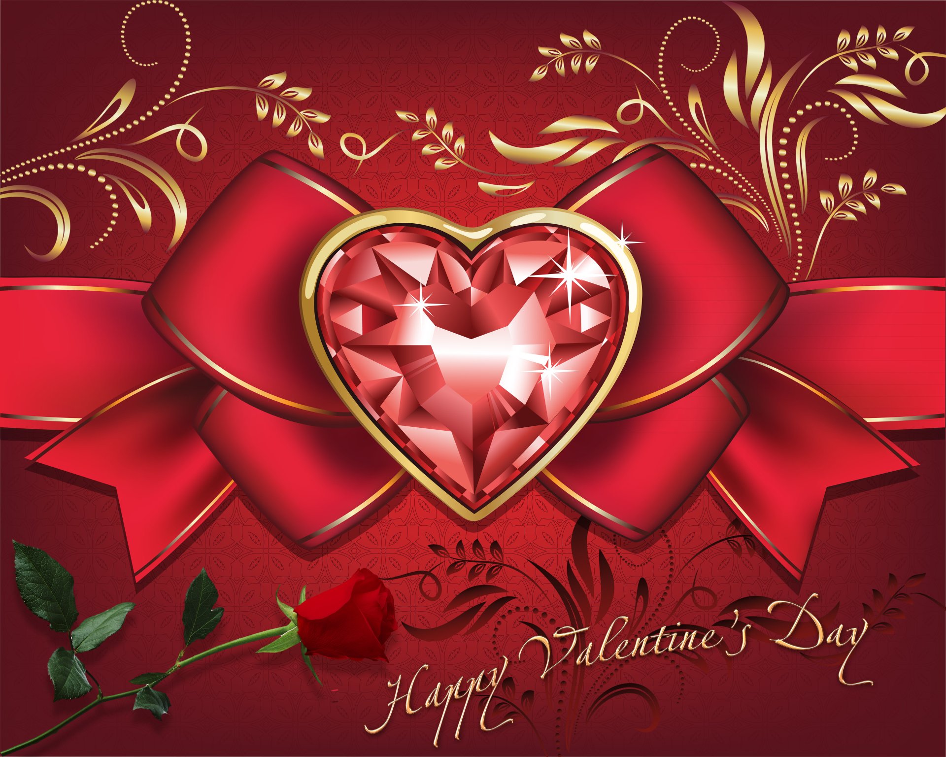 A vibrant 4K Ultra HD Valentine's Day wallpaper featuring a red faceted heart framed by a golden outline, set against an ornate red background with a bow and rose.