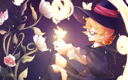 HD PC desktop wallpaper featuring Lotte Yanson from Little Witch Academia, surrounded by glowing magical elements and ethereal butterflies in an enchanting, dreamy scene.