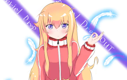 HD PC desktop wallpaper of Gabriel Tenma White from the anime Gabriel DropOut, featuring her with long blonde hair and a red jacket against a glowing background.