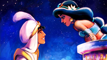 HD desktop wallpaper featuring Princess Jasmine and Aladdin from the movie Aladdin (1992), under a starry night sky, with Jasmine leaning over a balcony, smiling at Aladdin.