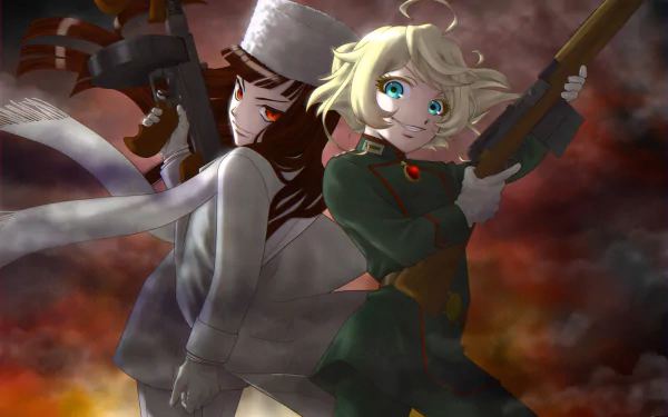 HD desktop wallpaper featuring a crossover between Youjo Senki and Hellsing, with characters Tanya Degurechaff and Alucard posing back-to-back, armed and ready against a dramatic, fiery background.