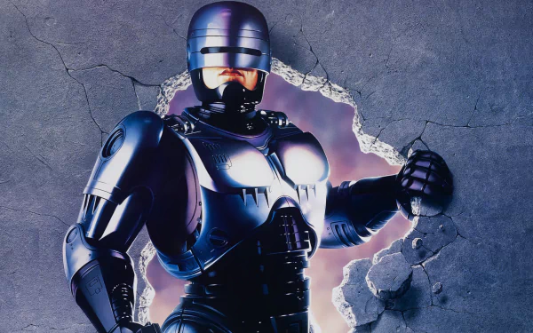 Movie HD PC desktop wallpaper/background of Robocop 2: armored cyborg bursting through a cracked concrete wall, blue-metallic armor lit with purple highlights.