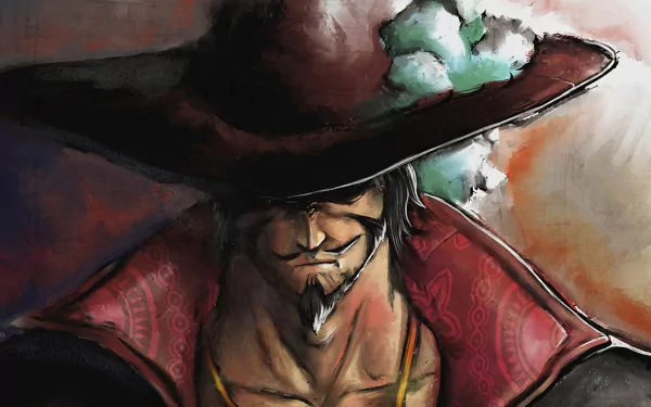 HD desktop wallpaper of Dracule Mihawk, an Anime character from One Piece, featuring his intense gaze and signature hat, set against a vivid background.