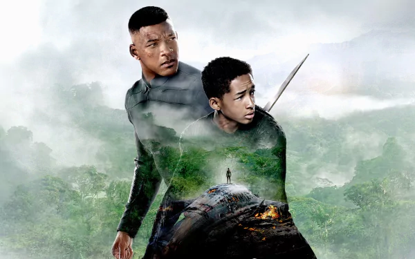 HD PC desktop wallpaper featuring characters from the movie After Earth, with a misty forest background and a small figure standing on a rock.