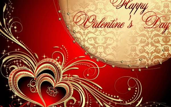 4K Ultra HD Valentine's Day wallpaper featuring ornate red hearts and elegant gold swirls on a vibrant red background with Happy Valentine's Day script.
