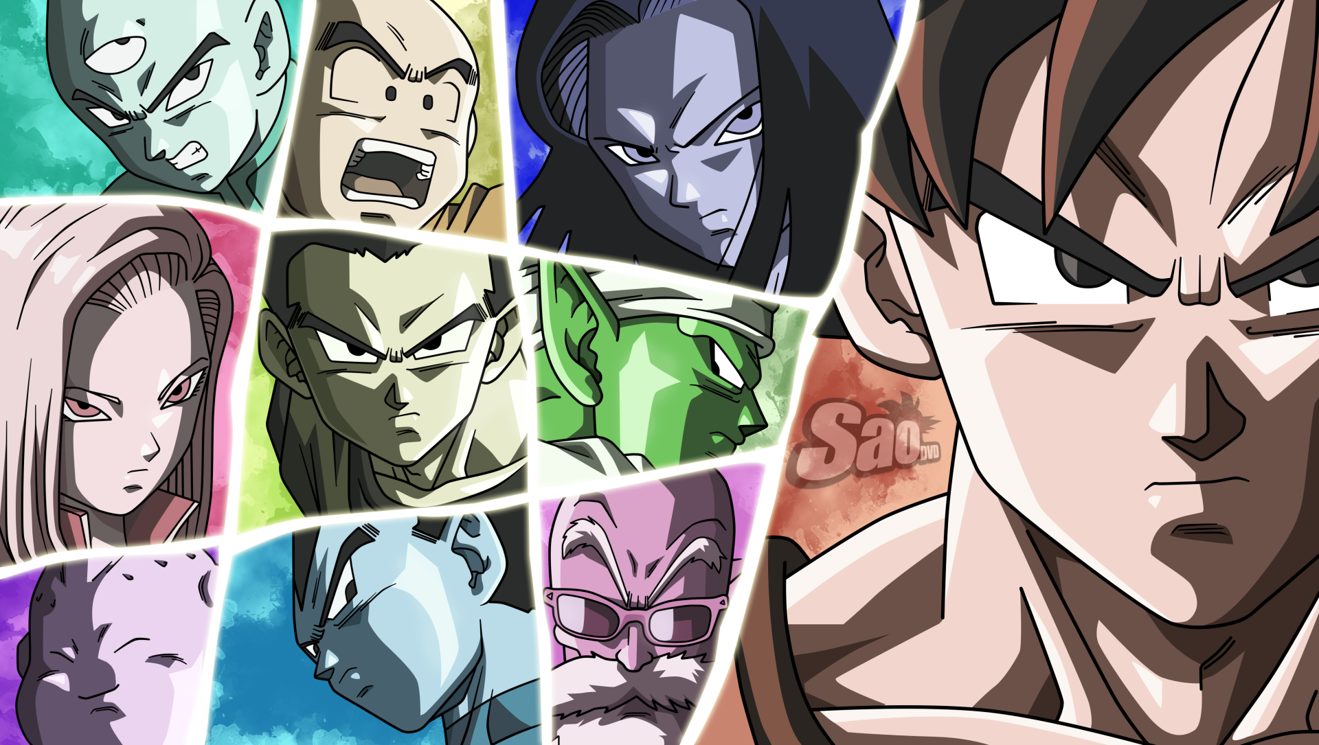 HD desktop wallpaper featuring characters from Dragon Ball Super, including Goku, Vegeta, Piccolo, Gohan, Tien Shinhan, Krillin, Android 17 and 18, Master Roshi, and Majin Buu.
