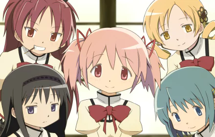 HD PC desktop wallpaper of Puella Magi Madoka Magica anime: Madoka Kaname center with Mami Tomoe, Kyōko Sakura, Sayaka Miki and Homura Akemi smiling around her.