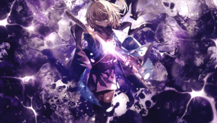 HD desktop wallpaper of an intense scene from the anime Fate/KOHA-ACE, featuring a character wielding a glowing weapon amidst a vibrant, mystical background.