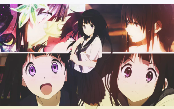 HD desktop wallpaper and background featuring Eru Chitanda from the anime Hyouka. The image showcases various scenes of Eru Chitanda with different expressions and settings.