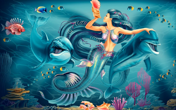 Fantasy Mermaid Underwater Dolphin Coral Shell Fish Long Hair Blue Hair Plant HD Wallpaper | Background Image