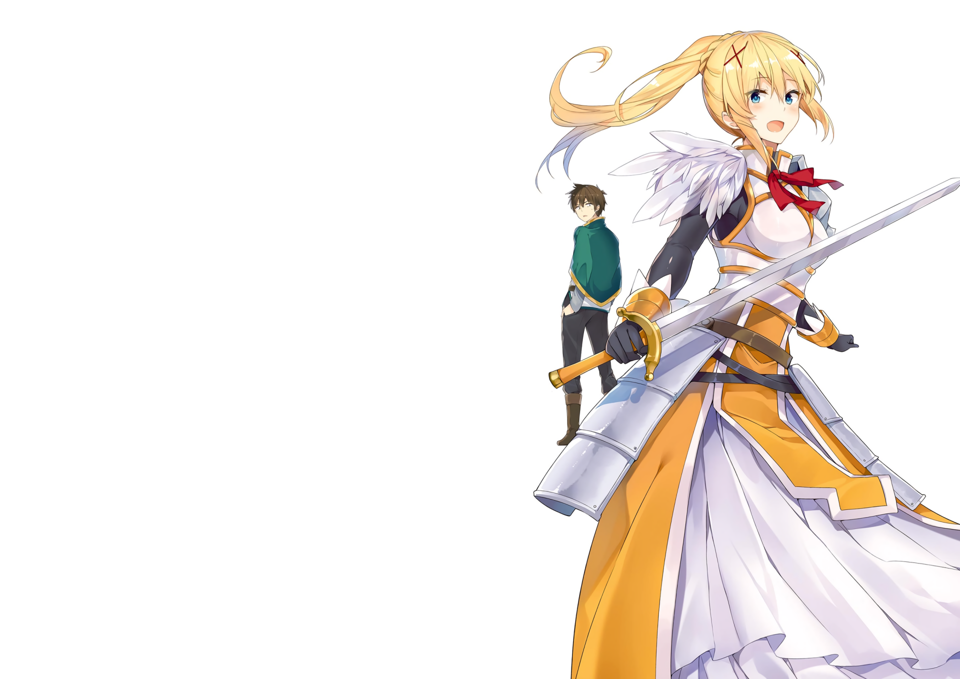 HD PC desktop wallpaper featuring Darkness and Kazuma Satou from the anime KonoSuba - God’s blessing on this wonderful world!! with a clean, minimal white background.