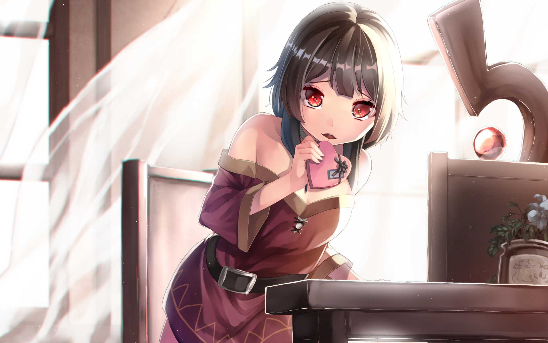 HD desktop wallpaper and background featuring Megumin from KonoSuba: God's Blessing on This Wonderful World!! in a detailed, soft-lit indoor setting.