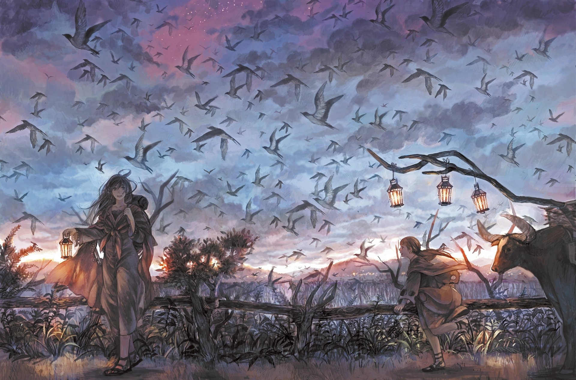 HD anime desktop wallpaper depicting an original scene with two characters holding lanterns under a twilight sky filled with flying birds, surrounded by trees and lanterns hung on branches.