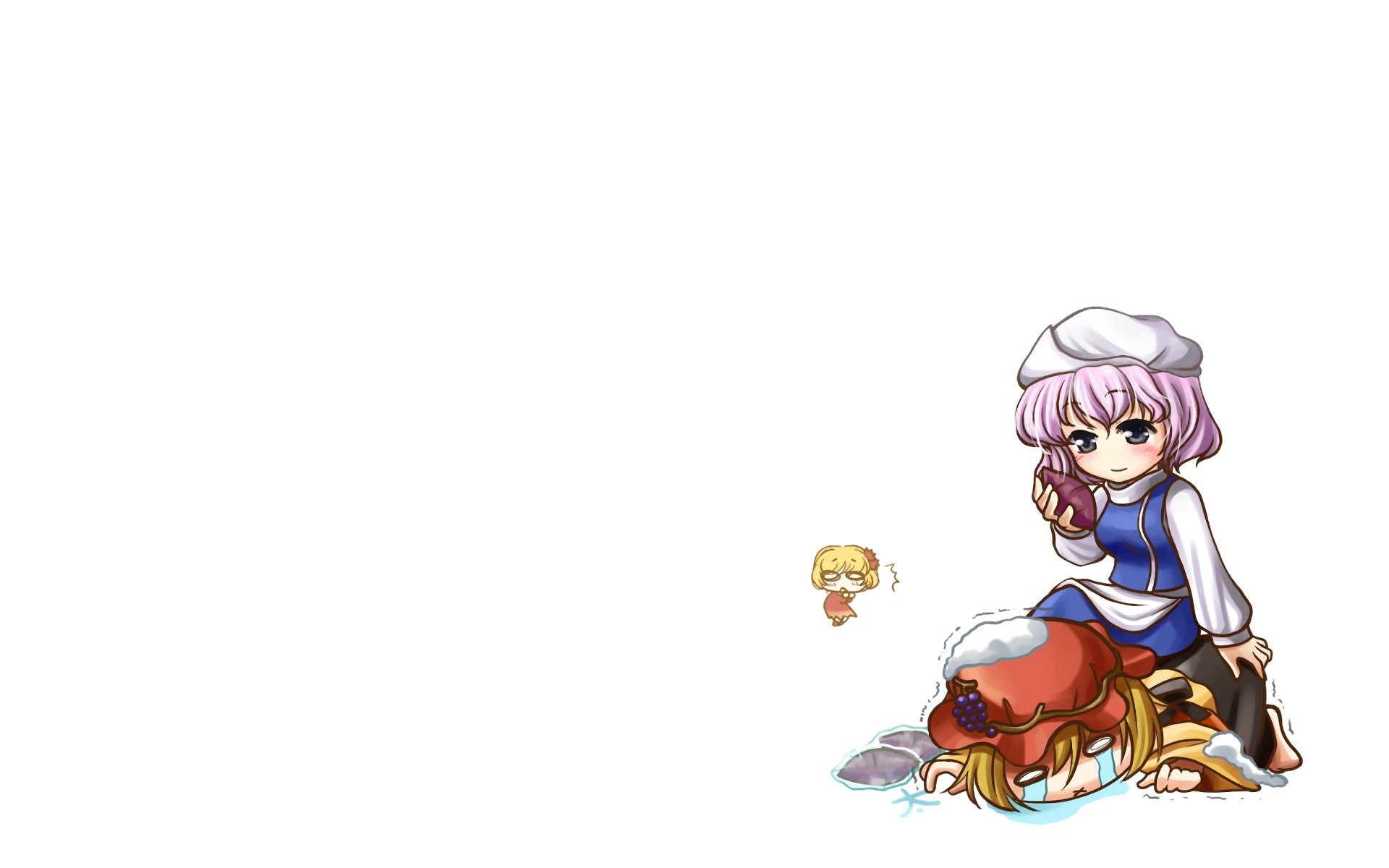 HD PC desktop wallpaper featuring Touhou characters Shizuha Aki, Minoriko Aki, and Letty Whiterock in an anime-style illustration.