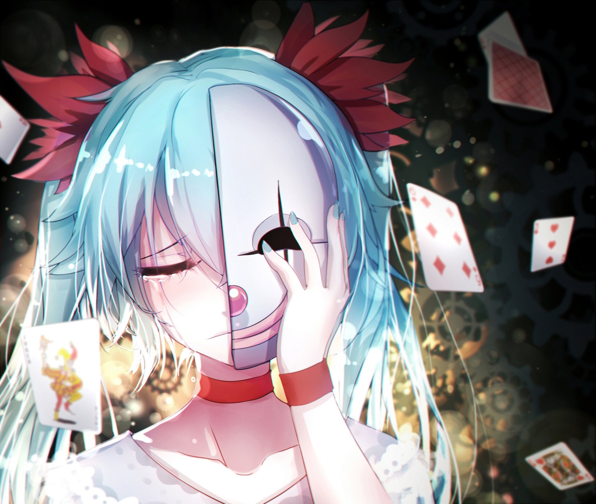 HD anime desktop wallpaper featuring Hatsune Miku from Vocaloid, with blue hair and a mask, surrounded by playing cards.
