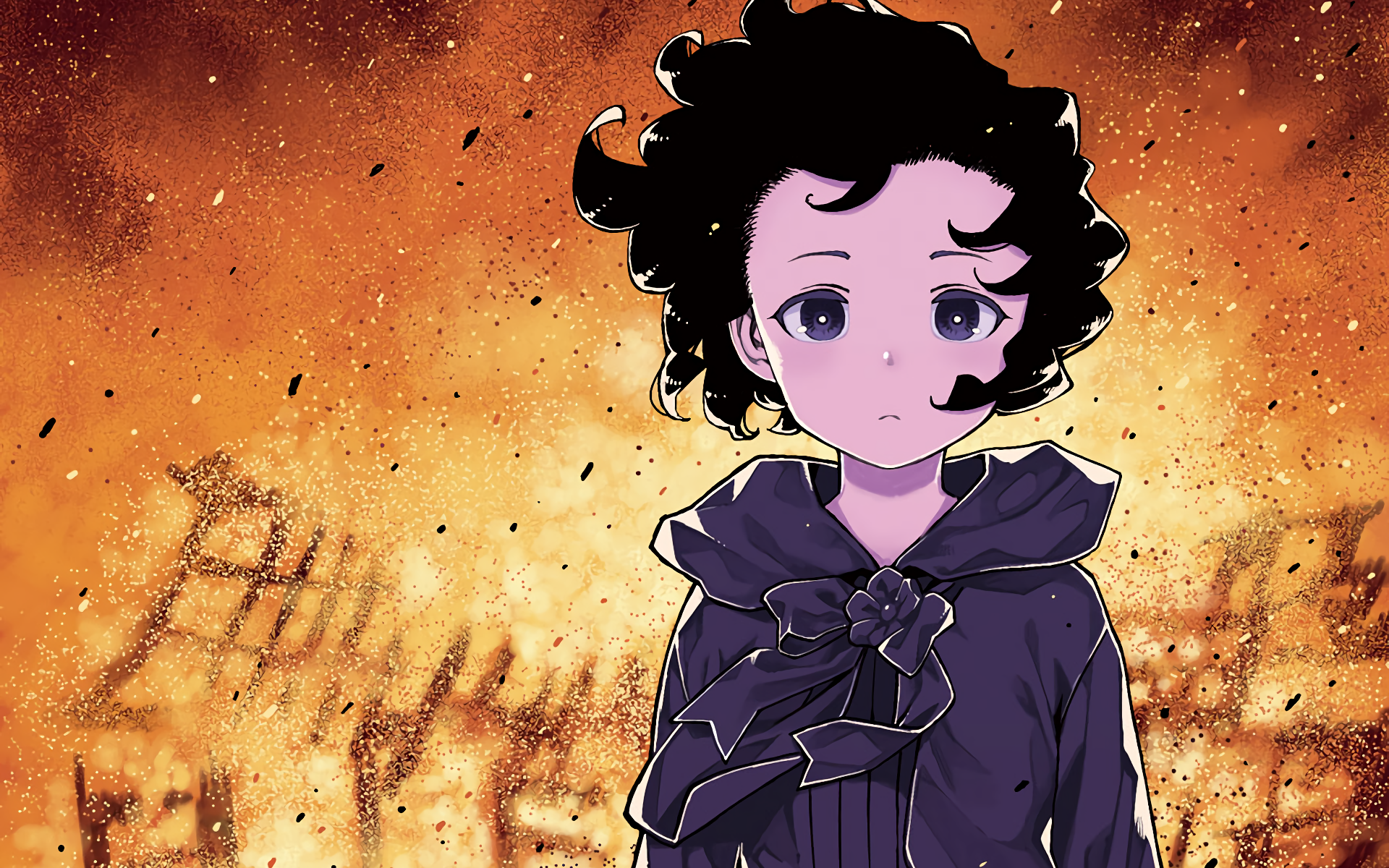 HD anime desktop wallpaper featuring a Tsugumomo character with dark curly hair and a somber expression against a fiery, textured background.