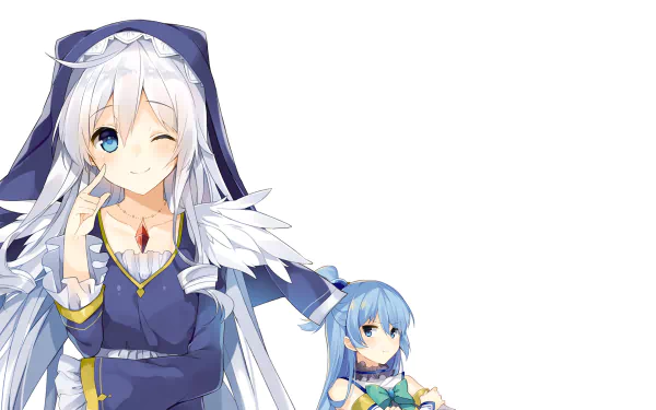 HD desktop wallpaper featuring Eris from KonoSuba – God’s Blessing on This Wonderful World!! The anime character is winking and smiling, creating a cheerful and whimsical atmosphere.