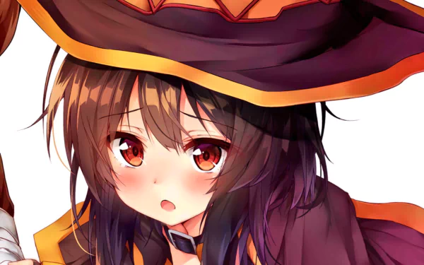 HD desktop wallpaper featuring Megumin from the anime KonoSuba – God’s Blessing on This Wonderful World!!. The character is shown in her iconic outfit with a focused expression.