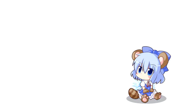 HD anime desktop wallpaper featuring Cirno from Touhou, depicted in a cute chibi style with blue hair and a blue outfit, sitting against a white background.