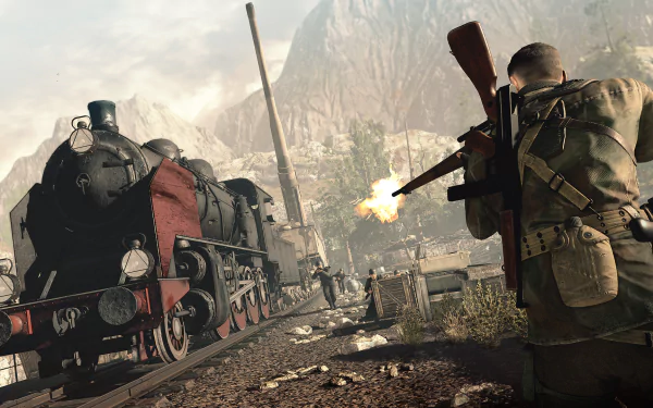 HD desktop wallpaper from Sniper Elite 4 featuring a sniper firing a rifle with a steam train and mountains in the background.