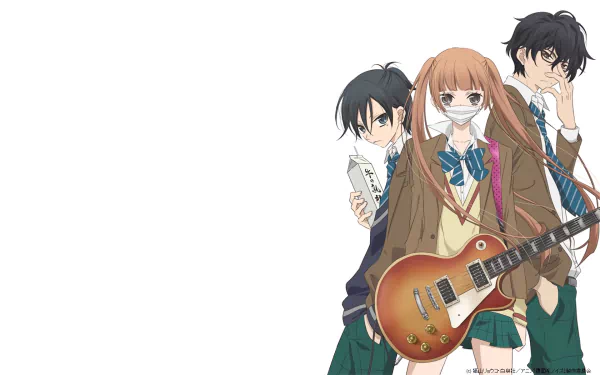 HD desktop wallpaper featuring Momo Sakaki, Kanade Yuzuriha, and Nino Arisugawa from the anime Fukumenkei Noise. The characters are dressed in school uniforms, with Nino holding a guitar.