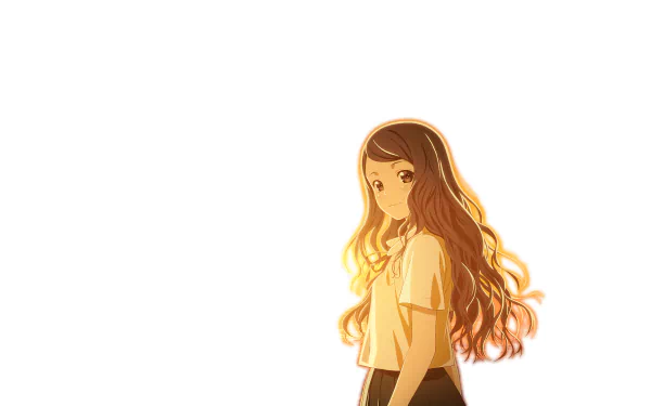 HD PC desktop wallpaper: Misora Haruki from Sakurada Reset — warm-lit anime portrait of a long-haired schoolgirl standing against a bright white background.