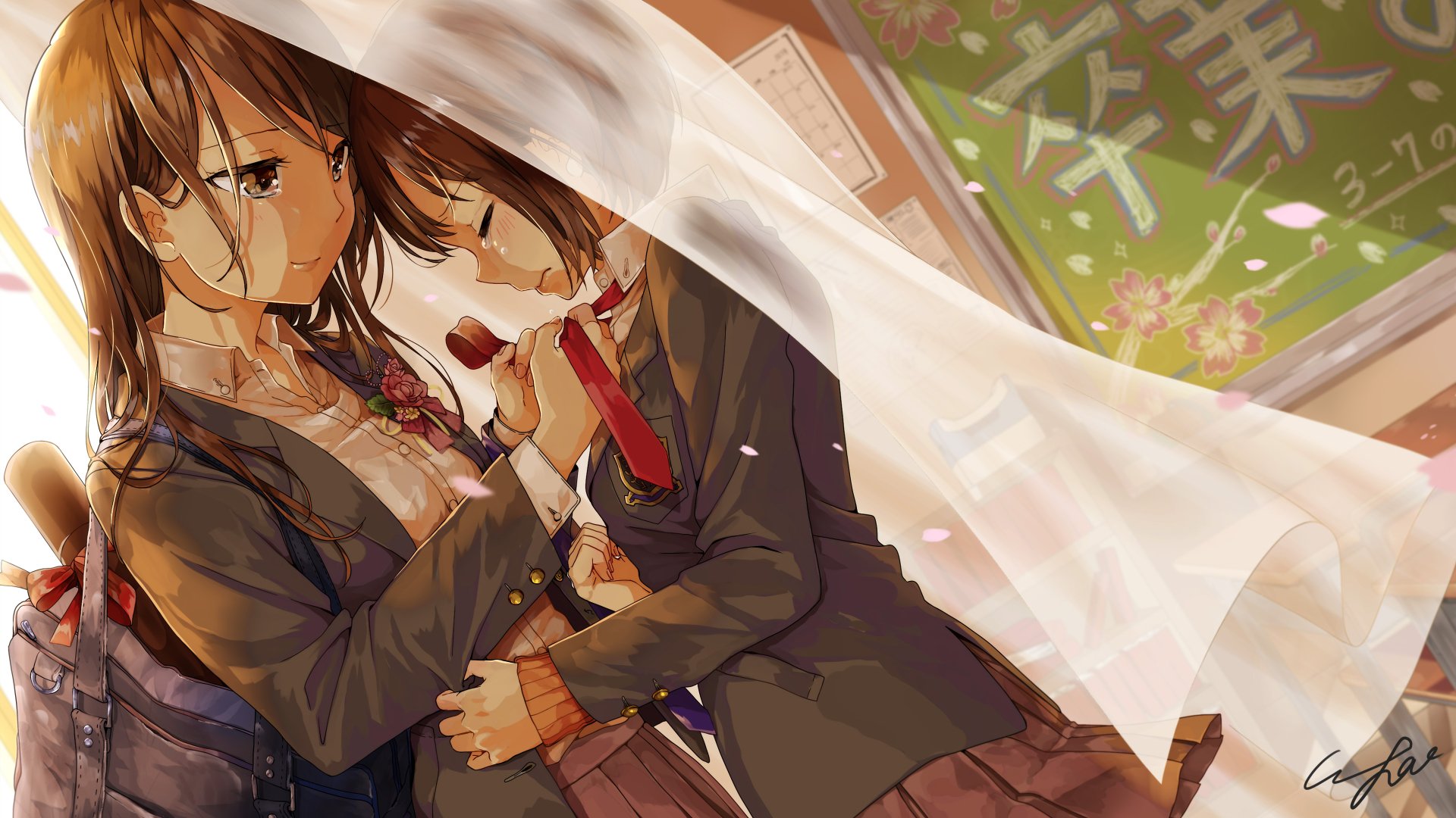 Anime-style original artwork of two girls in school uniforms sharing an emotional moment, rendered in stunning 4K Ultra HD for a PC desktop wallpaper and background.