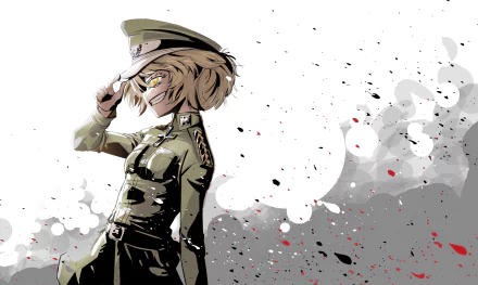 HD desktop wallpaper of Tanya Degurechaff from the anime Youjo Senki, featuring her in military attire, tipping her hat against a background with abstract splashes of black, white, and red.