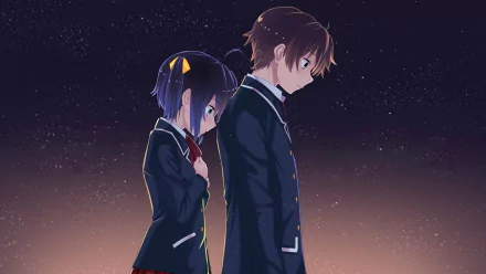 HD wallpaper of Yūta Togashi and Rikka Takanashi from the anime Love, Chunibyo & Other Delusions, standing thoughtfully under a starry night sky.