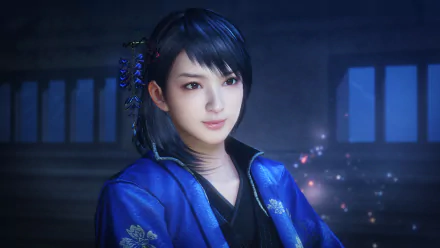 HD PC desktop wallpaper of Okatsu from the video game Nioh: young woman in a blue kimono, dark hair and a soft smile, glowing particles and temple windows in the dim background.