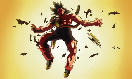 HD desktop wallpaper of Bardock from Dragon Ball Z, showcasing the character in a powerful pose with debris flying around, set against a vivid yellow background.