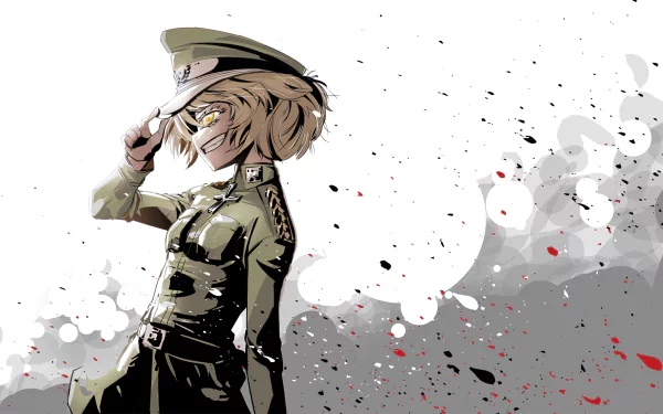 HD desktop wallpaper of Tanya Degurechaff from the anime Youjo Senki, featuring her in military attire, tipping her hat against a background with abstract splashes of black, white, and red.