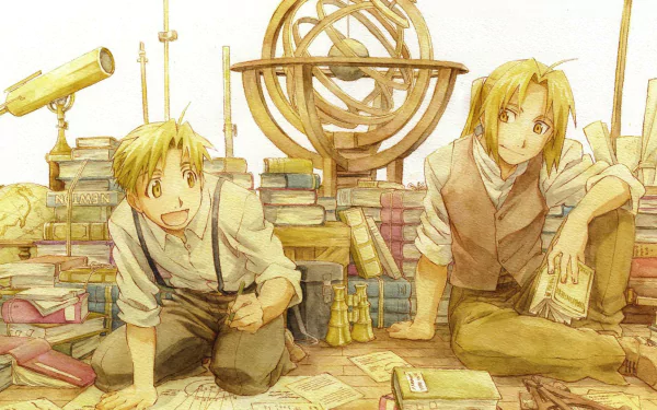HD desktop wallpaper featuring Alphonse and Edward Elric from the anime Fullmetal Alchemist. The brothers are surrounded by books and scientific instruments, evoking a scene of study and discovery.