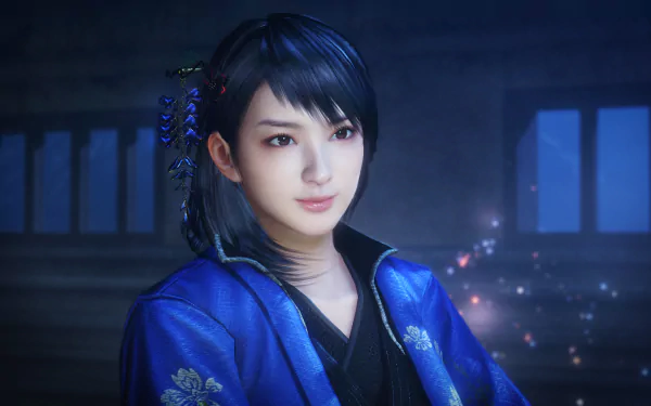 HD PC desktop wallpaper of Okatsu from the video game Nioh: young woman in a blue kimono, dark hair and a soft smile, glowing particles and temple windows in the dim background.