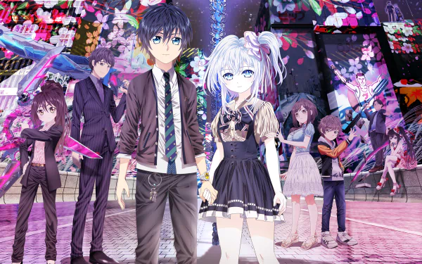 HD desktop wallpaper featuring characters from the anime Hand Shakers standing together in a vibrant, colorful background with intricate details and floral patterns.