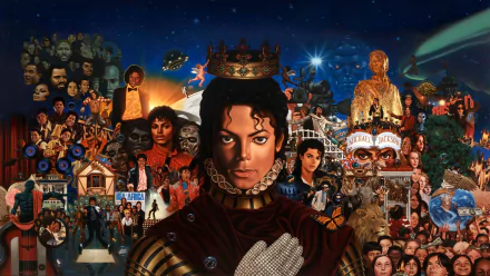 HD PC desktop wallpaper featuring a vibrant collage of Michael Jackson's iconic music moments and imagery.