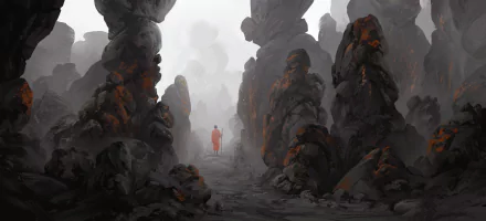 A lone monk walks along a foggy path surrounded by towering dark rocks, creating a fantasy atmosphere in this HD PC desktop wallpaper.