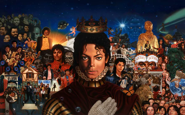 HD PC desktop wallpaper featuring a vibrant collage of Michael Jackson's iconic music moments and imagery.