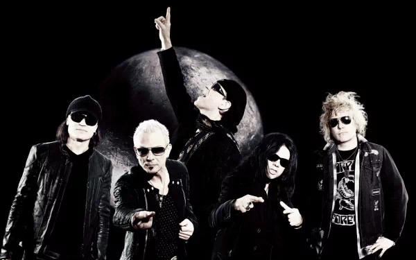 HD desktop wallpaper featuring the band Scorpions, with band members posing confidently against a dark background and a large planet behind them.