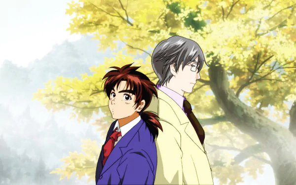 HD PC desktop wallpaper of Hajime Kindaichi and Kengo Akechi from the anime The Kindaichi Case Files, standing back-to-back beneath sunlit autumn trees