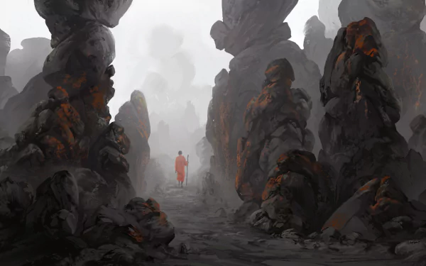 A lone monk walks along a foggy path surrounded by towering dark rocks, creating a fantasy atmosphere in this HD PC desktop wallpaper.