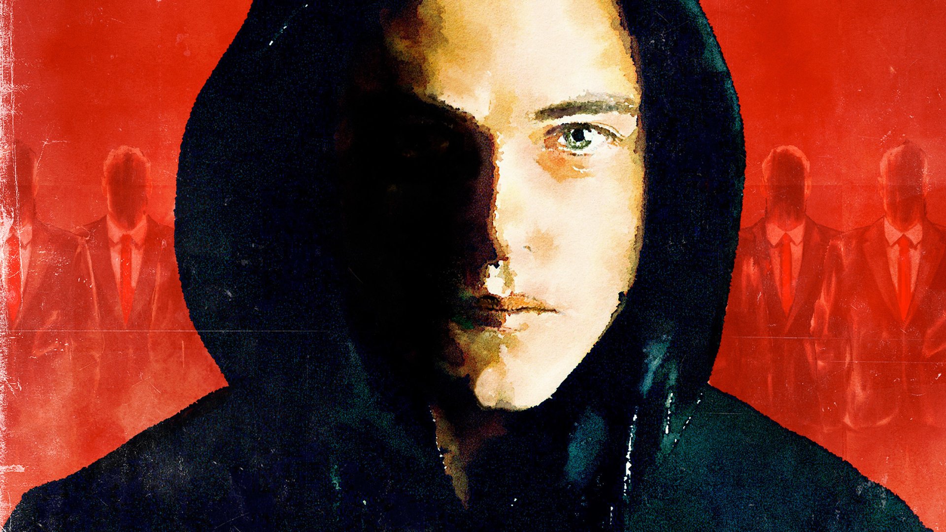 HD PC desktop wallpaper featuring a close-up of the main character from the TV show Mr. Robot, set against a red background with shadowy figures.
