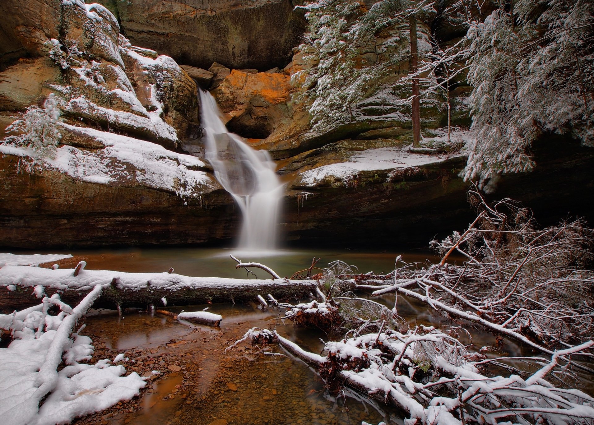 Download Log Snow Winter Nature Waterfall HD Wallpaper