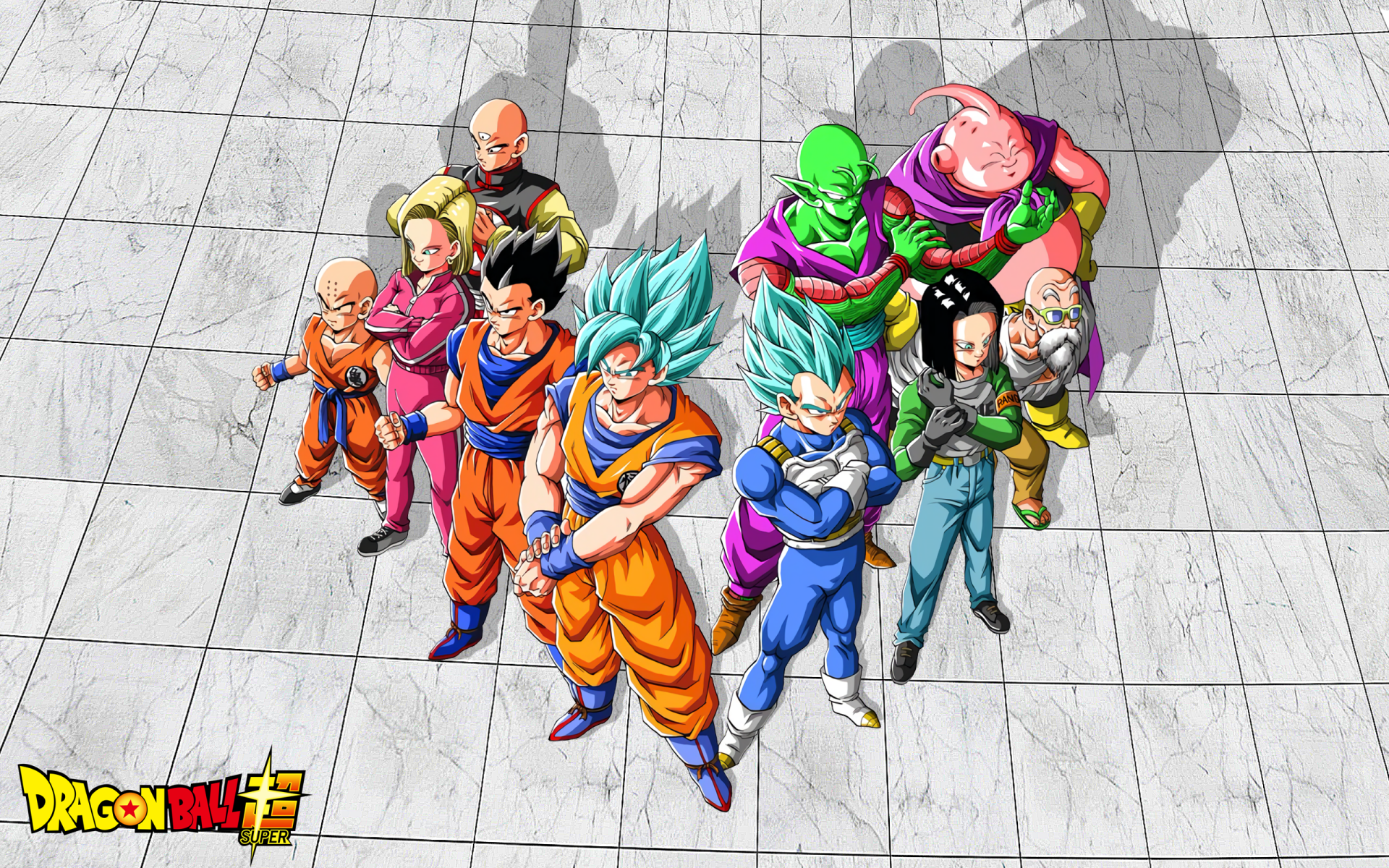 HD desktop wallpaper featuring characters from Dragon Ball Super, including Goku, Krillin, Gohan, Vegeta in Super Saiyan Blue form, and Majin Buu, all standing in a formation on a tiled floor.