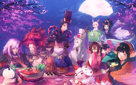 Anime Onmyoji characters enjoying a festive meal beneath cherry blossoms and a full moon, featured in a vibrant HD desktop wallpaper and background.