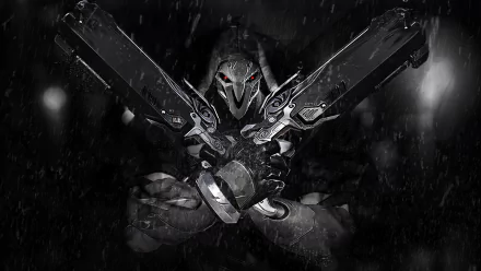 HD desktop wallpaper of Reaper from Overwatch, featuring the character brandishing dual shotguns in the rain. The dark, intense atmosphere enhances the video game aesthetic.