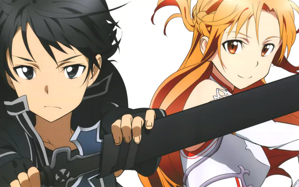 Two characters from Sword Art Online stand ready for battle, exuding strength and determination. This vibrant image serves as a stunning 4K Ultra HD anime desktop wallpaper.
