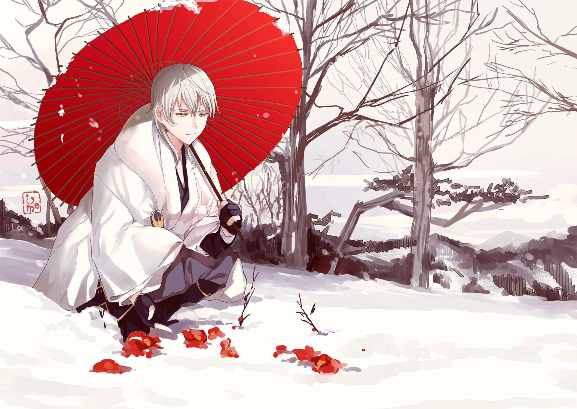 Anime HD desktop wallpaper featuring Tsurumaru Kuninaga from Touken Ranbu, kneeling in a snowy landscape holding a vibrant red umbrella.