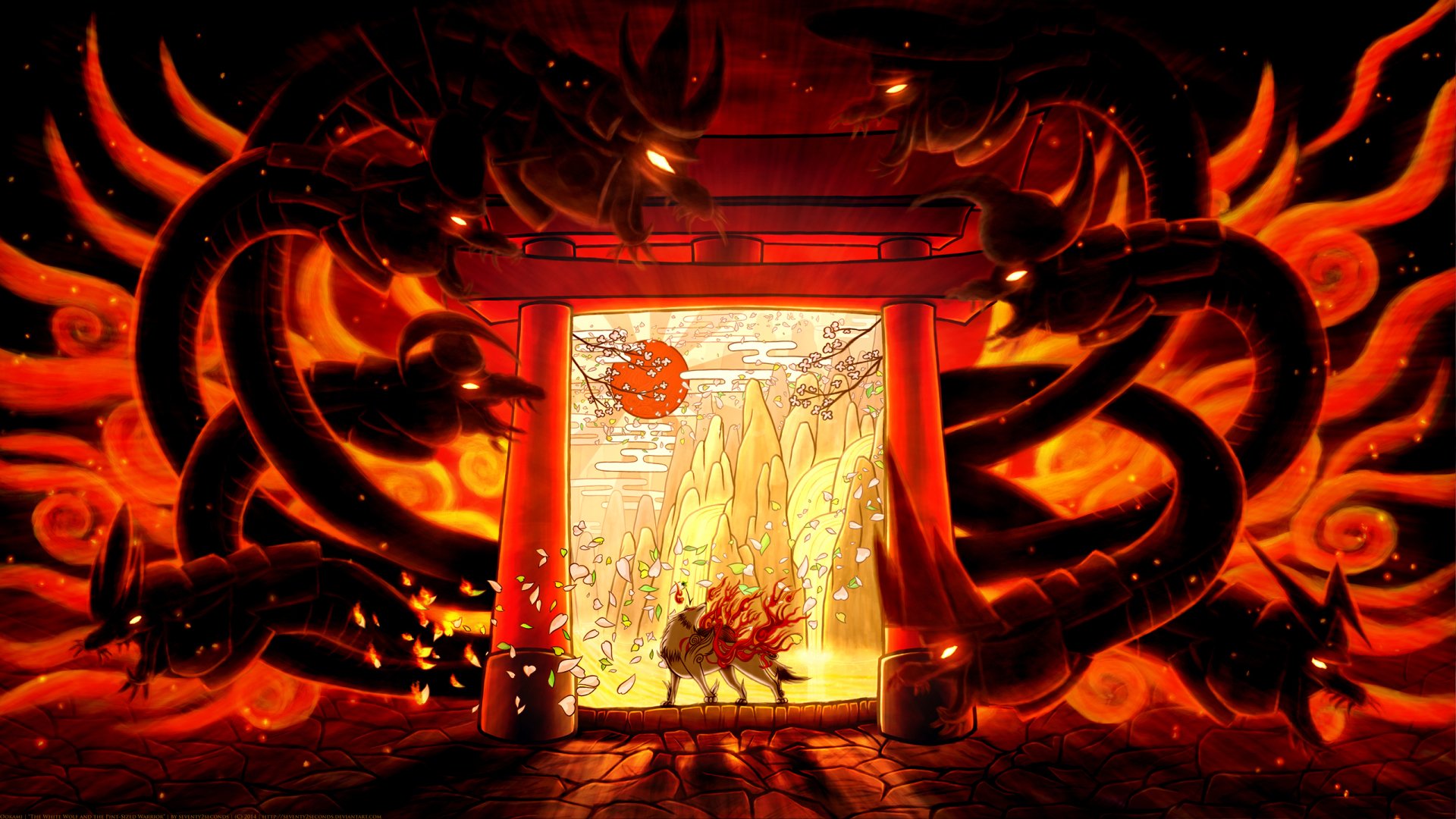 HD PC desktop wallpaper featuring vibrant artwork from the video game Ōkami, depicting a mystical red torii gate framed by fiery dragons and a glowing wolf figure.